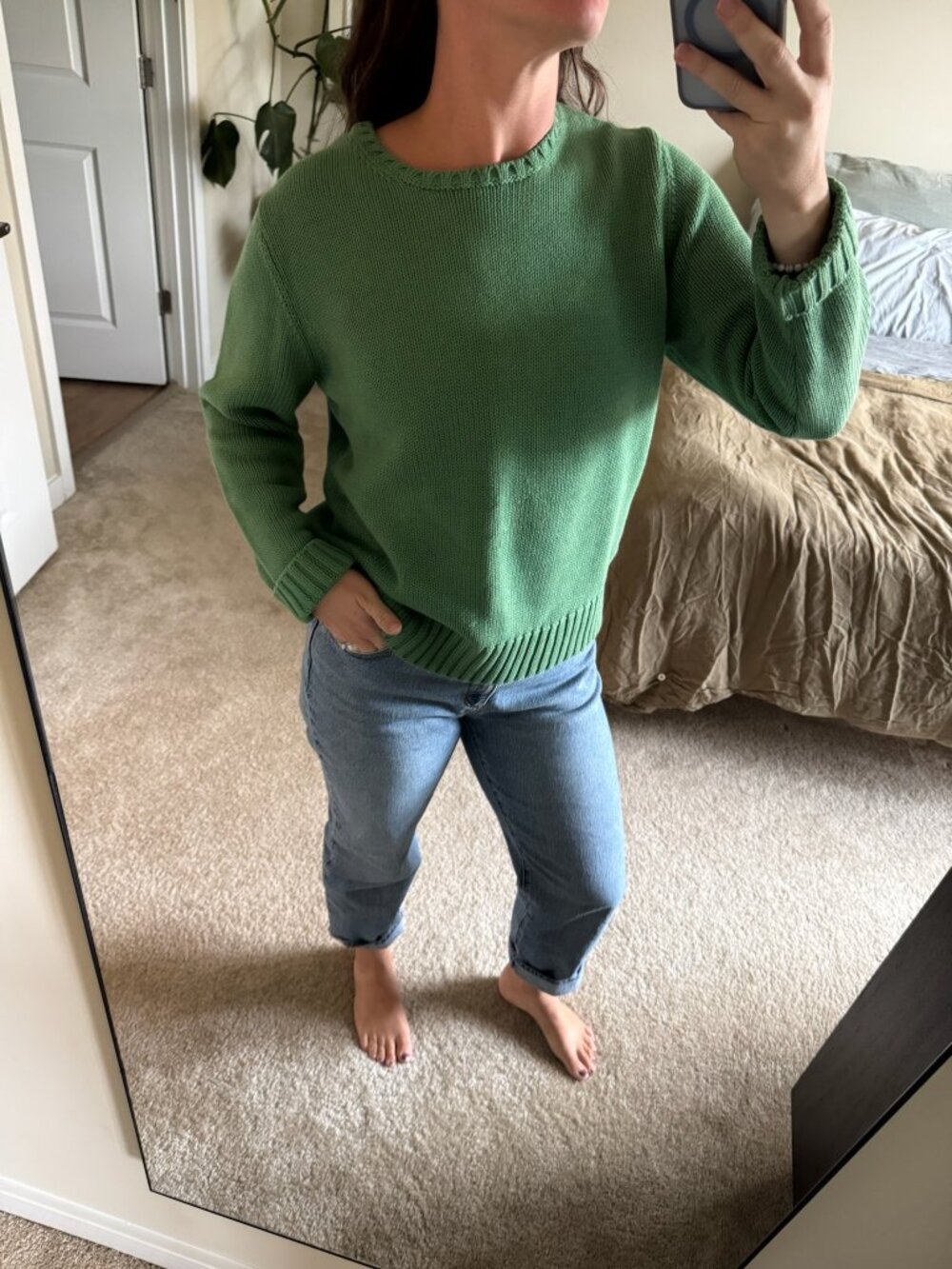 Vintage Lands' End Thick Knit Cotton Green Crewneck Sweater Size Large